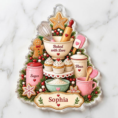 Baking-themed tree acrylic ornament with gingerbread star, cupcakes, utensils, and a name banner.