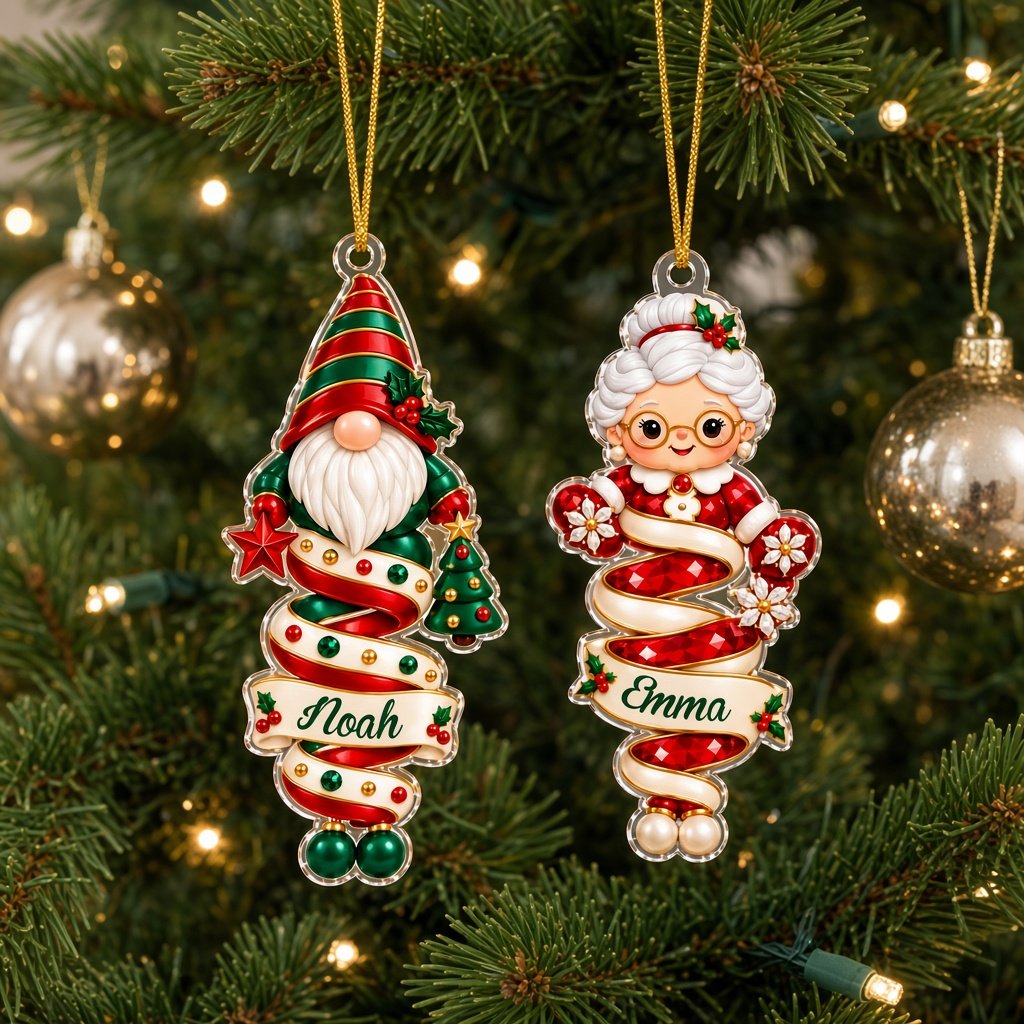 Clear acrylic ornaments shaped like a Christmas gnome and elf in red and green, each personalized with a name.