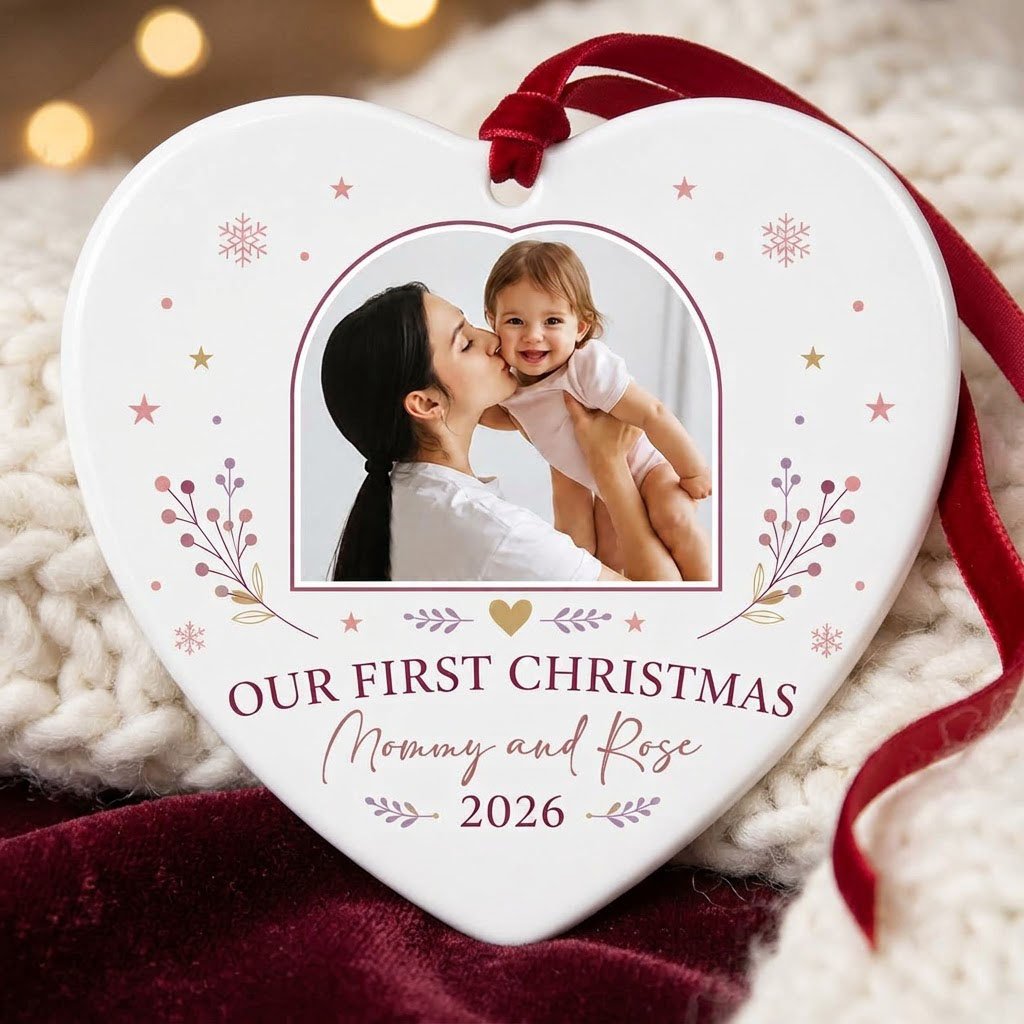 Heart ceramic ornament with “OUR FIRST CHRISTMAS”, arch photo frame, stars, snowflakes, berry sprigs, leafy flourishes, 