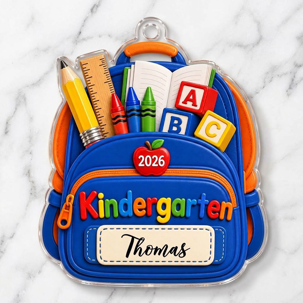 Acrylic ornament cut as a blue and orange school backpack with ABC blocks, 2026, Kindergarten, and a personalized name l