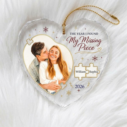 Heart glass ornament with gold puzzle pieces, couple photo, snowflakes, reading THE YEAR I FOUND My Missing Piece.