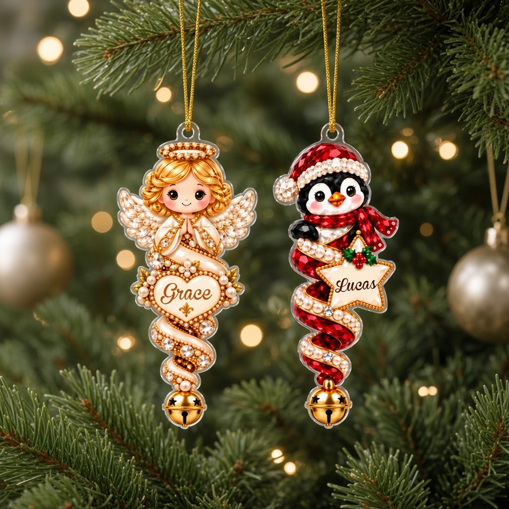 Acrylic angel and gingerbread ornaments with jeweled ribbons, heart or star name banners, and gold bells.