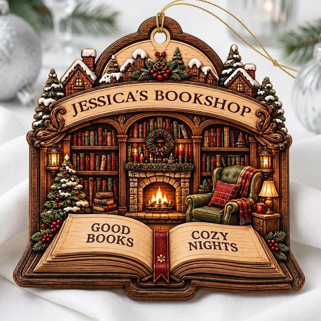Custom-cut wood ornament with arched loop and open book base, cozy bookshop scene with tree, fireplace, armchair.