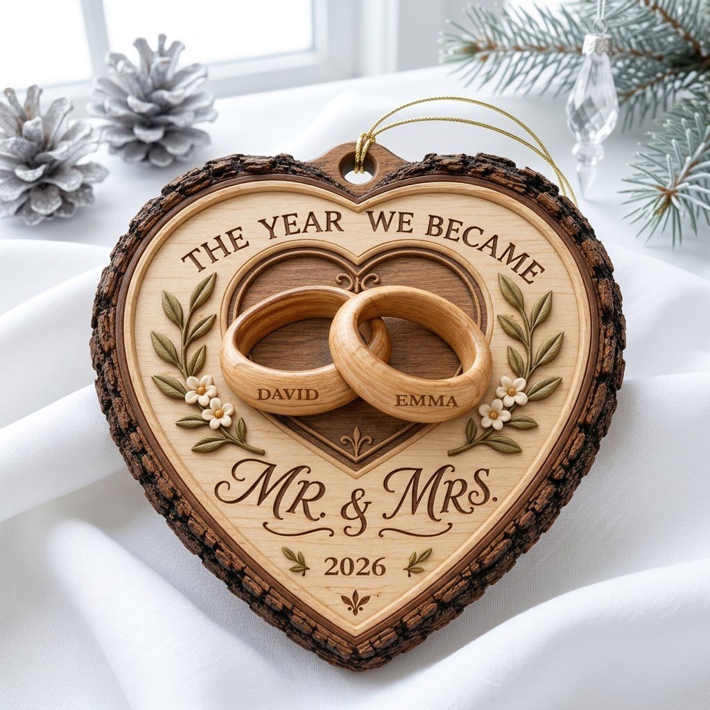 Heart-shaped wood ornament with bark edge, wedding rings, leafy vines, and 'THE YEAR WE BECAME MR. & MRS.' text.