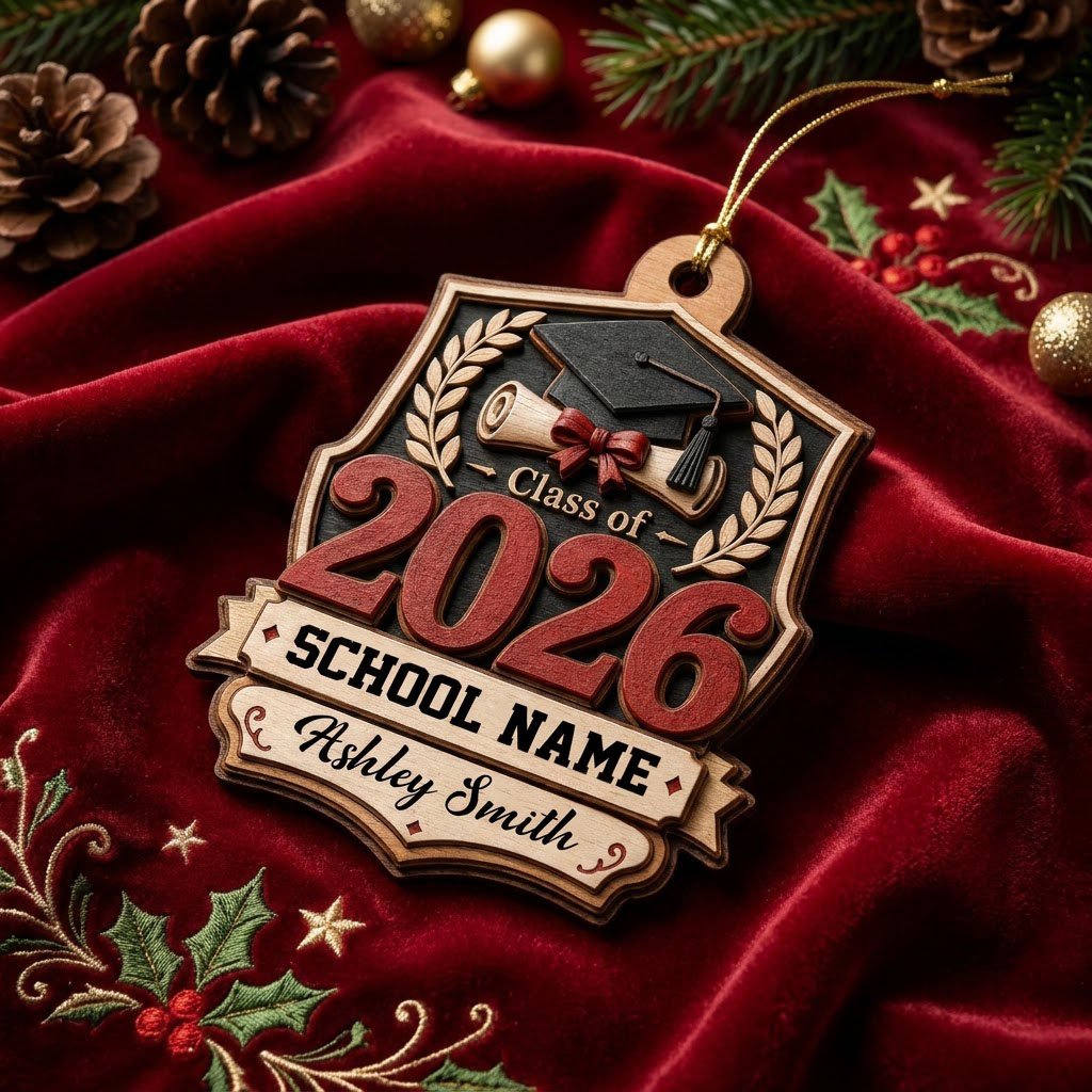 Shield-shaped wood ornament with Class of 2026, cap, diploma, laurel branches, and a personalized name and school