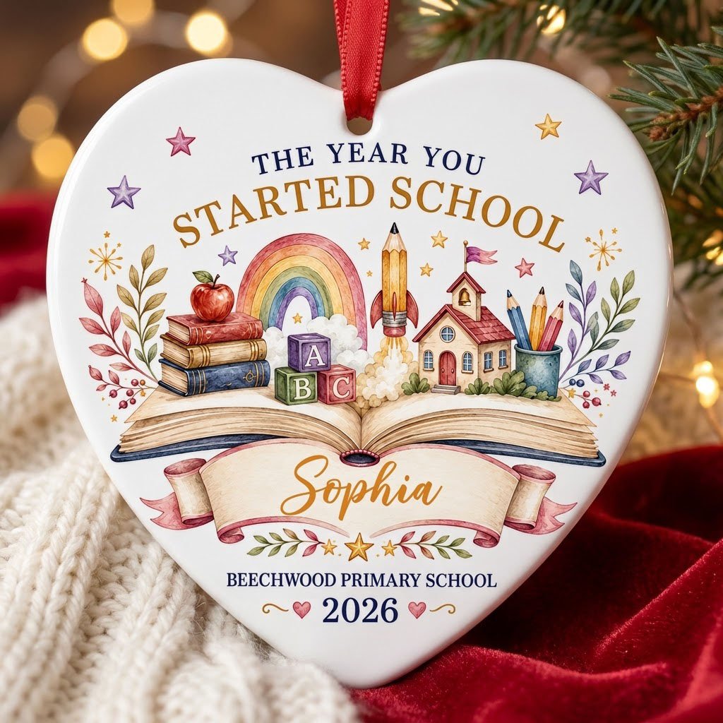 Heart ceramic ornament with an open book, rainbow, schoolhouse, ABC blocks and banner for name, school and year