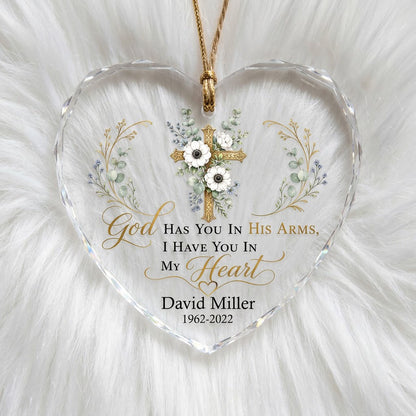 Personalized Botanical Gold Cross Memorial God Has You In His Arms Heart Glass Ornament