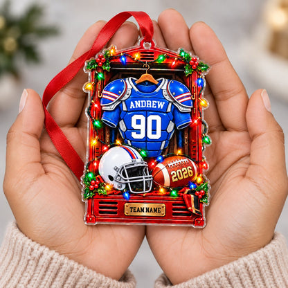 Acrylic ornament shaped like a red football locker with lights, jersey, helmet, football and gold nameplate.