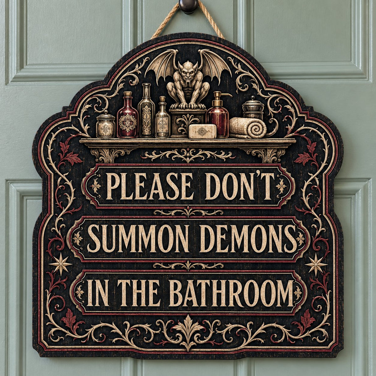 Ornate arched wooden sign with a gargoyle shelf and the message Please Don't Summon Demons in the Bathroom.