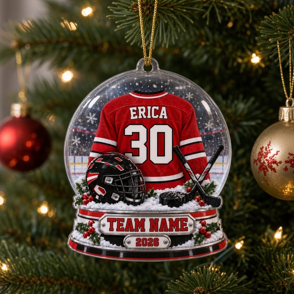 Snow globe acrylic ornament with red and white hockey jersey, black helmet and puck, and a snowy rink backdrop.