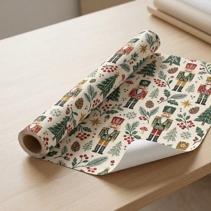 Vintage nutcracker wrapping paper with pine trees, pinecones, berries, gold stars and mushrooms on cream.