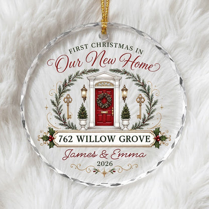 Personalized First Christmas in Our New Home Front Door Keys Round Glass Ornament