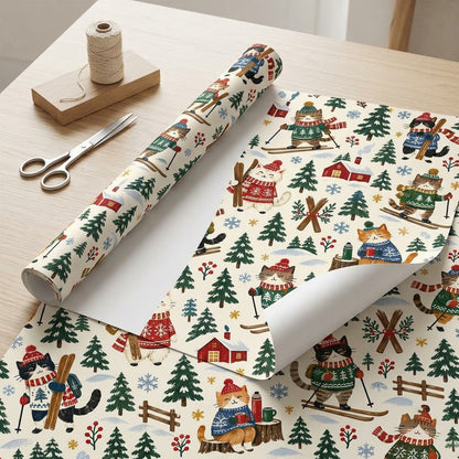 Wrapping paper featuring cartoon cats in winter gear skiing with pine trees, cabins, crossed skis and snowflakes.