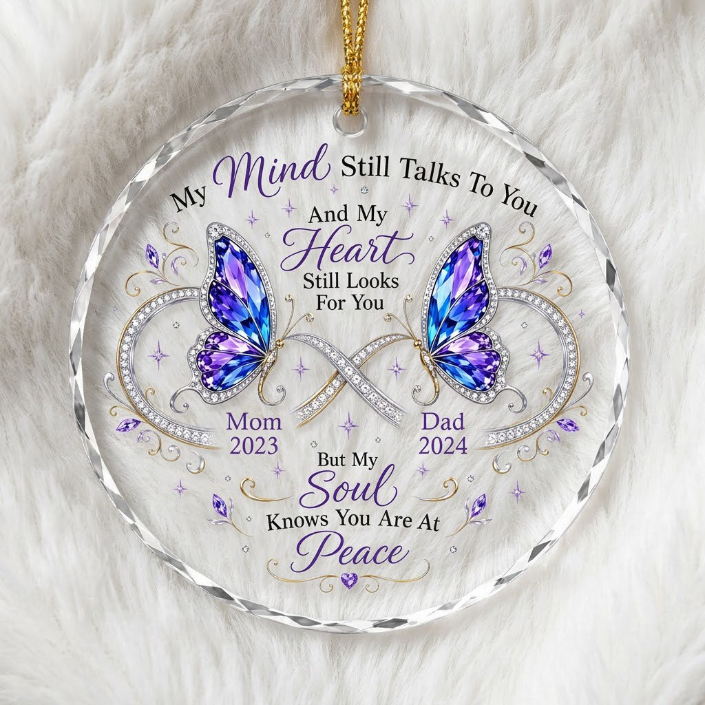 Round faceted glass ornament with two jeweled purple and blue butterflies, memorial quote, and personalized name and yea