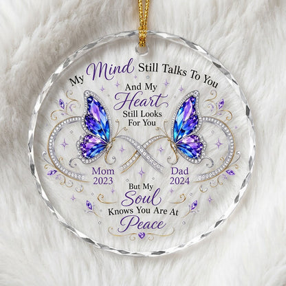 Round faceted glass ornament with two jeweled purple and blue butterflies, memorial quote, and personalized name and yea