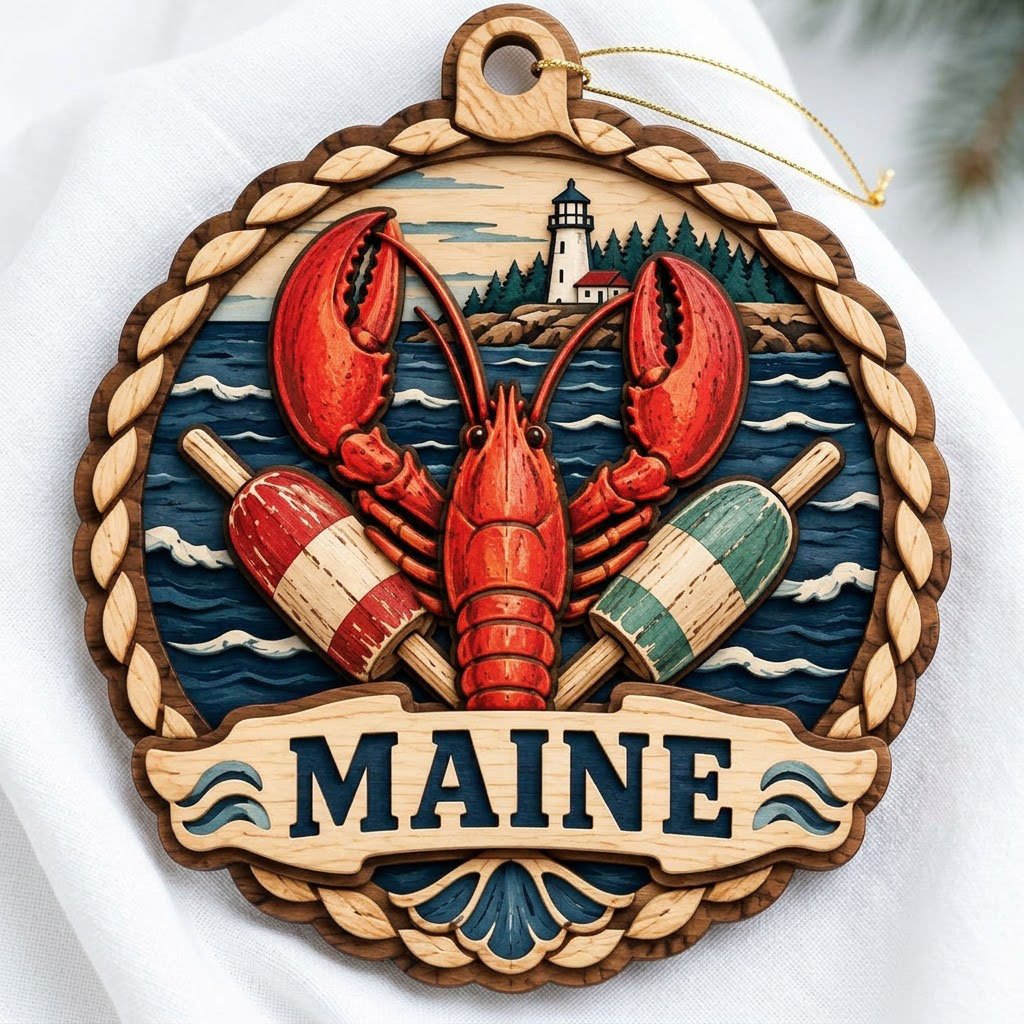 Red lobster with red-white and green-white buoys, ocean waves, rocky shore, pine trees, and a white lighthouse inside a 