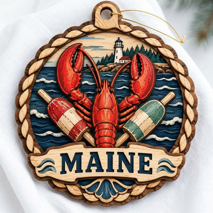 Red lobster with red-white and green-white buoys, ocean waves, rocky shore, pine trees, and a white lighthouse inside a 