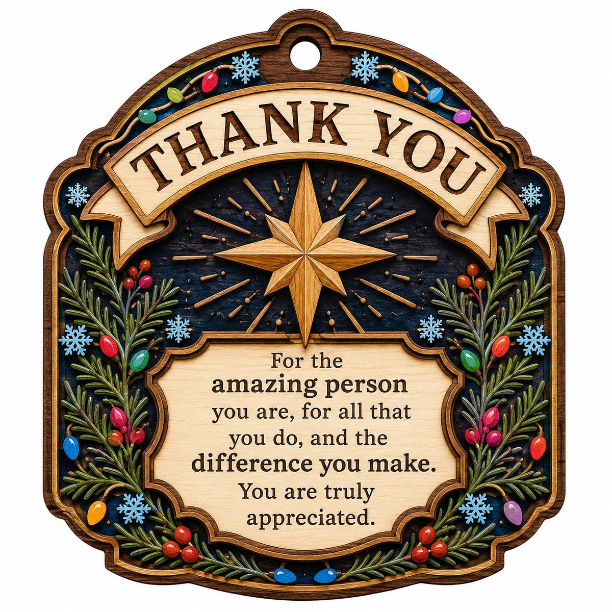 Ornate arch wood ornament with “THANK YOU” message, eight-point star, evergreens, berries, colorful lights, and snowflak