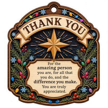 Ornate arch wood ornament with “THANK YOU” message, eight-point star, evergreens, berries, colorful lights, and snowflak