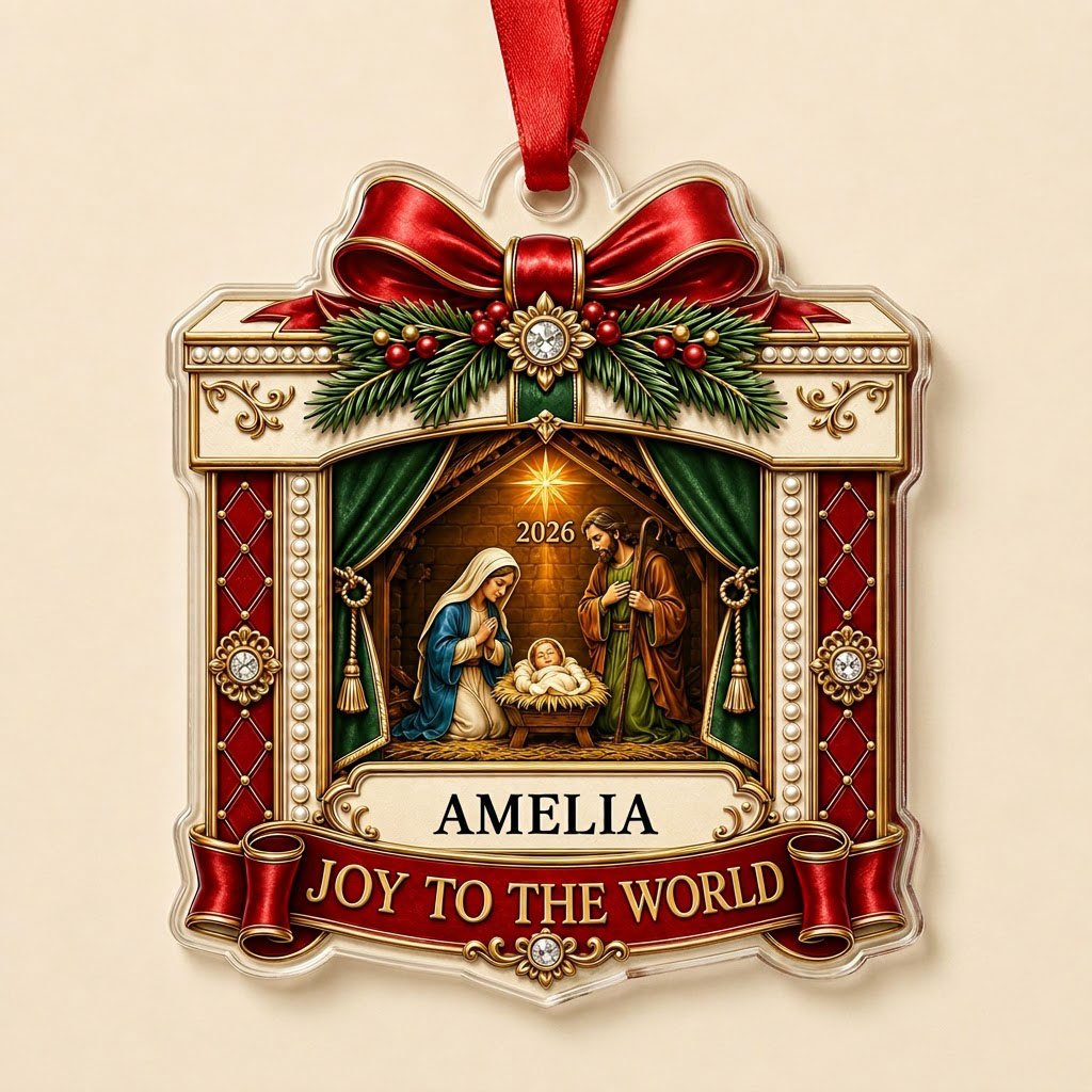 Personalized Nativity Scene Gift Box Acrylic Ornament, Custom Christian Holy Family Christmas Keepsake