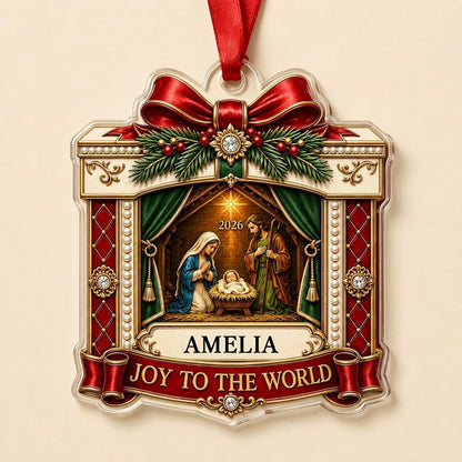 Personalized Nativity Scene Gift Box Acrylic Ornament, Custom Christian Holy Family Christmas Keepsake