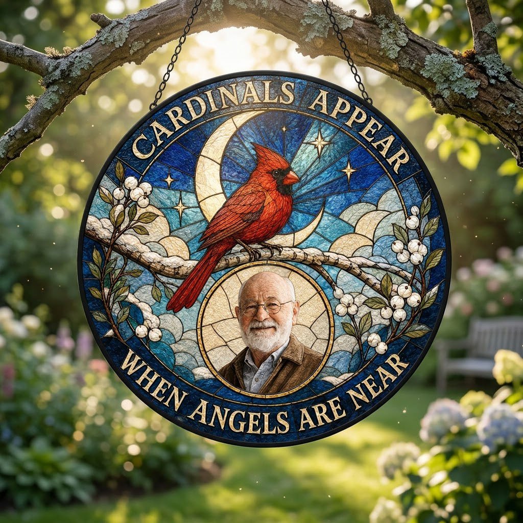 Round stained-glass style suncatcher with a red cardinal, starry blue sky, crescent moon, and a circular frame with a pe