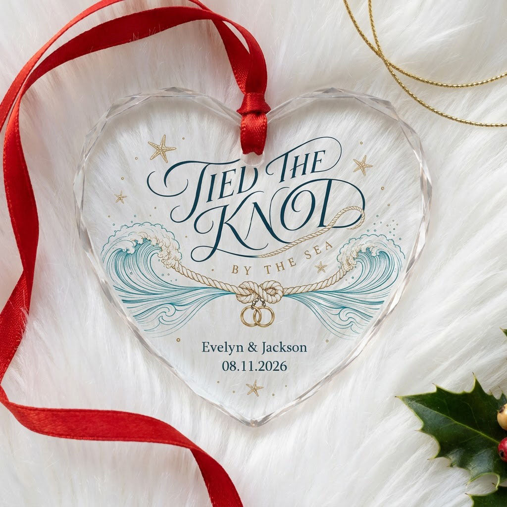 Personalized Tied the Knot by the Sea Beach Wedding Heart Glass Ornament