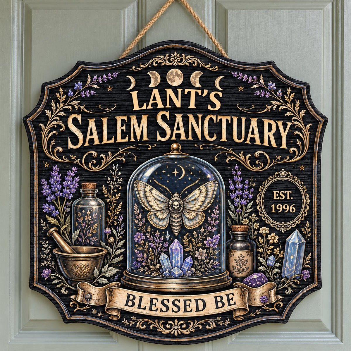 Ornate shield wooden sign with 'Salem Sanctuary,' moon phases, moth, crystals, and personalized name and year.