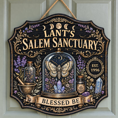 Ornate shield wooden sign with 'Salem Sanctuary,' moon phases, moth, crystals, and personalized name and year.