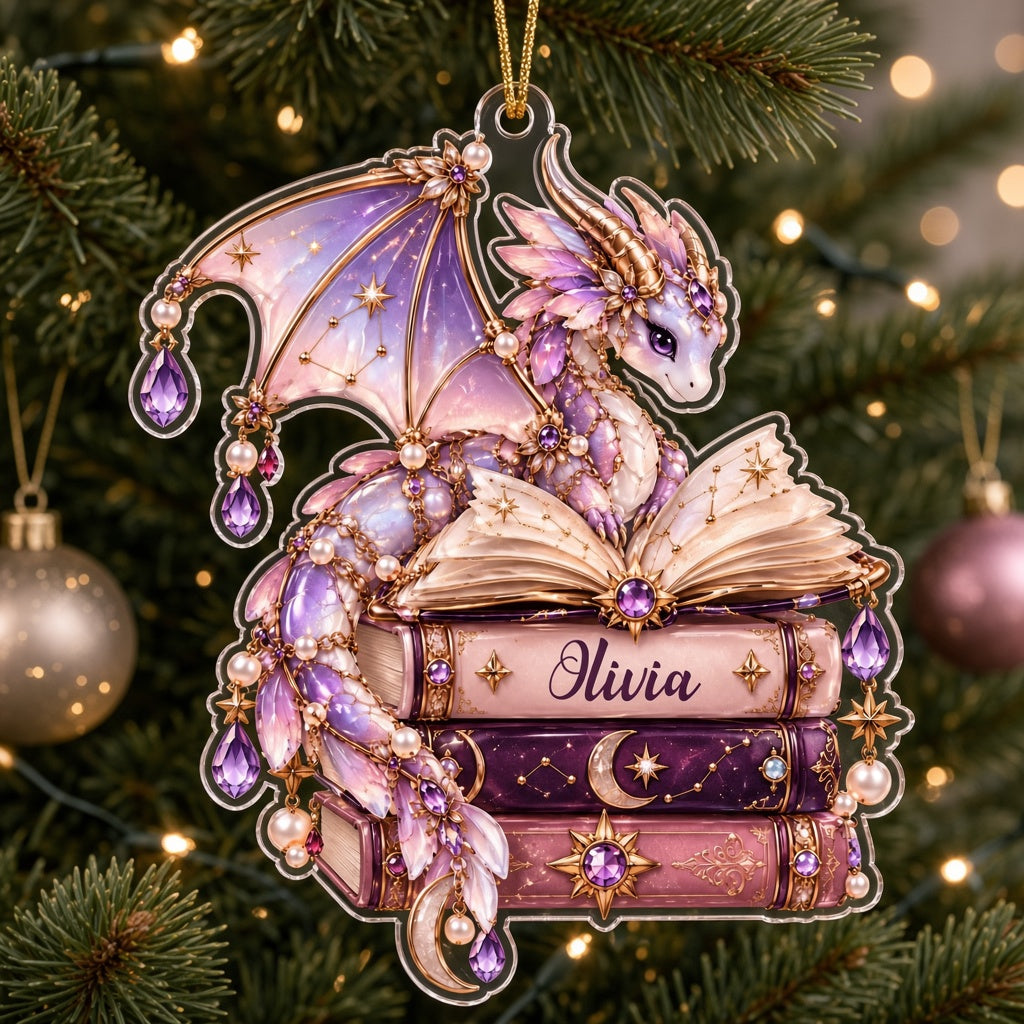 Pastel purple and gold dragon on an open book atop stacked books with jewels and pearls on a clear acrylic ornament.