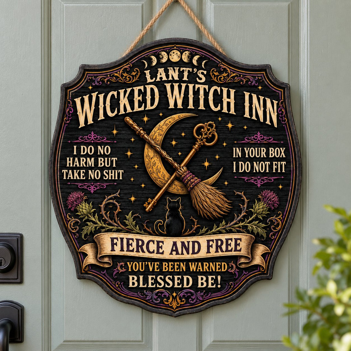 Ornate wooden plaque with moon phases, crescent moon, broomstick, key, black cat, thistles and witchy quotes.