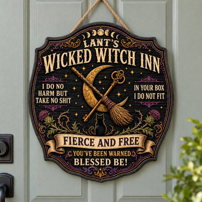 Ornate wooden plaque with moon phases, crescent moon, broomstick, key, black cat, thistles and witchy quotes.