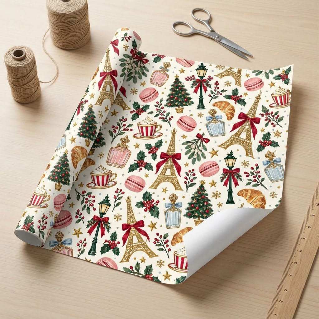 Cream paper with gold Eiffel Towers, Christmas trees, street lamps, macarons, croissants, holly and stars pattern.