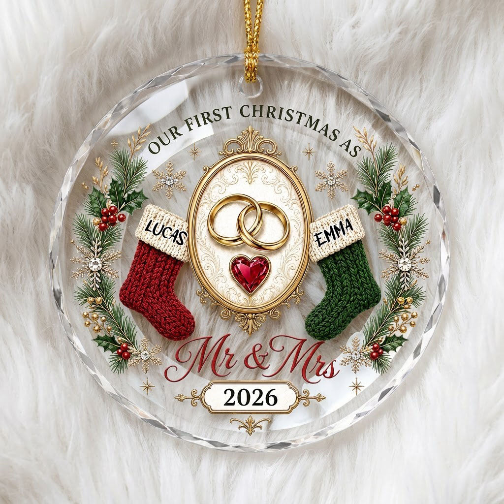 Round glass ornament with gold rings, red heart gem, red and green stockings, pine branches and Mr & Mrs text.