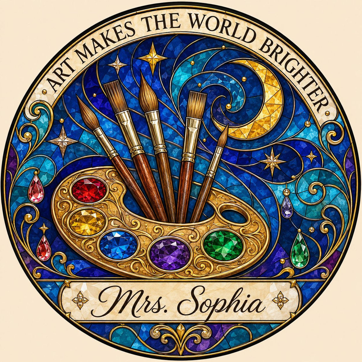 Round stained-glass suncatcher with golden palette, five brushes, moon, and 'Art Makes the World Brighter'.