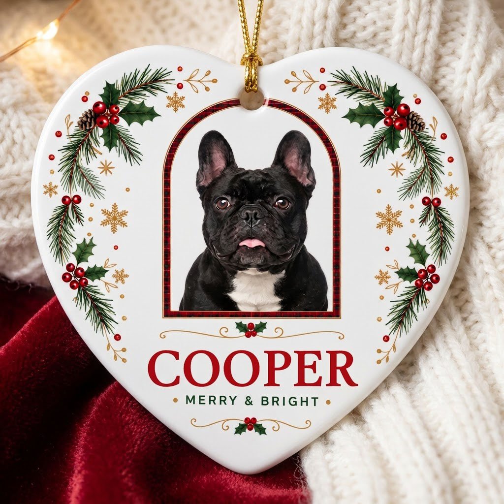 Heart ceramic ornament with dog photo in red-green plaid arch, holly, pine, gold snowflakes, and MERRY & BRIGHT text.