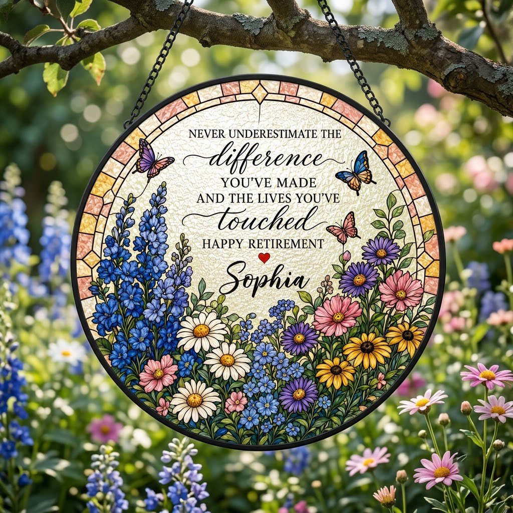 Personalized Retirement Wildflower Garden Never Underestimate The Difference Happy Retirement Stained Glass Round Suncatcher