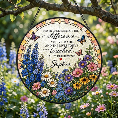 Personalized Retirement Wildflower Garden Never Underestimate The Difference Happy Retirement Stained Glass Round Suncatcher