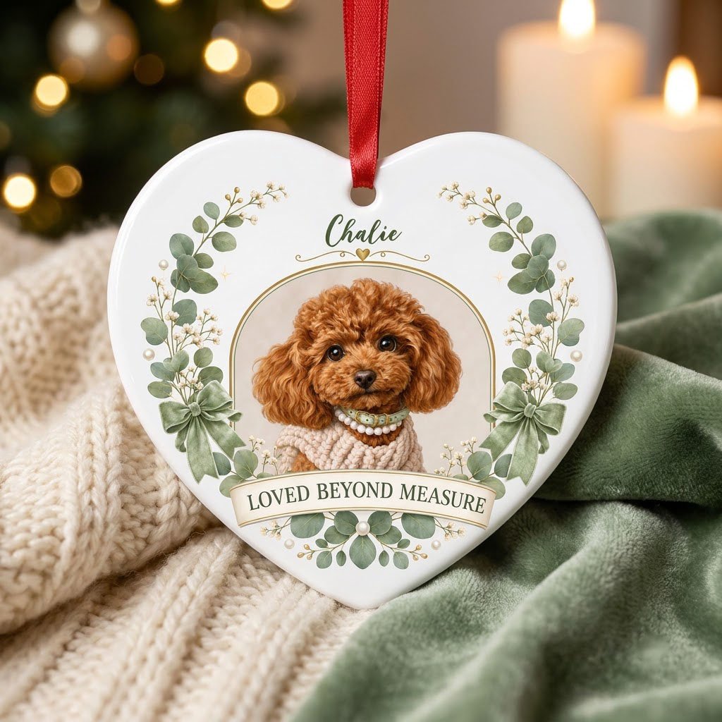 Heart ceramic ornament with dog photo in gold frame, eucalyptus wreath, green bows and 'LOVED BEYOND MEASURE' text