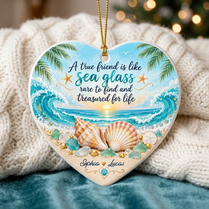Heart ceramic ornament with beach sunset, palm trees, shells, sea glass, starfish, and a friendship quote.