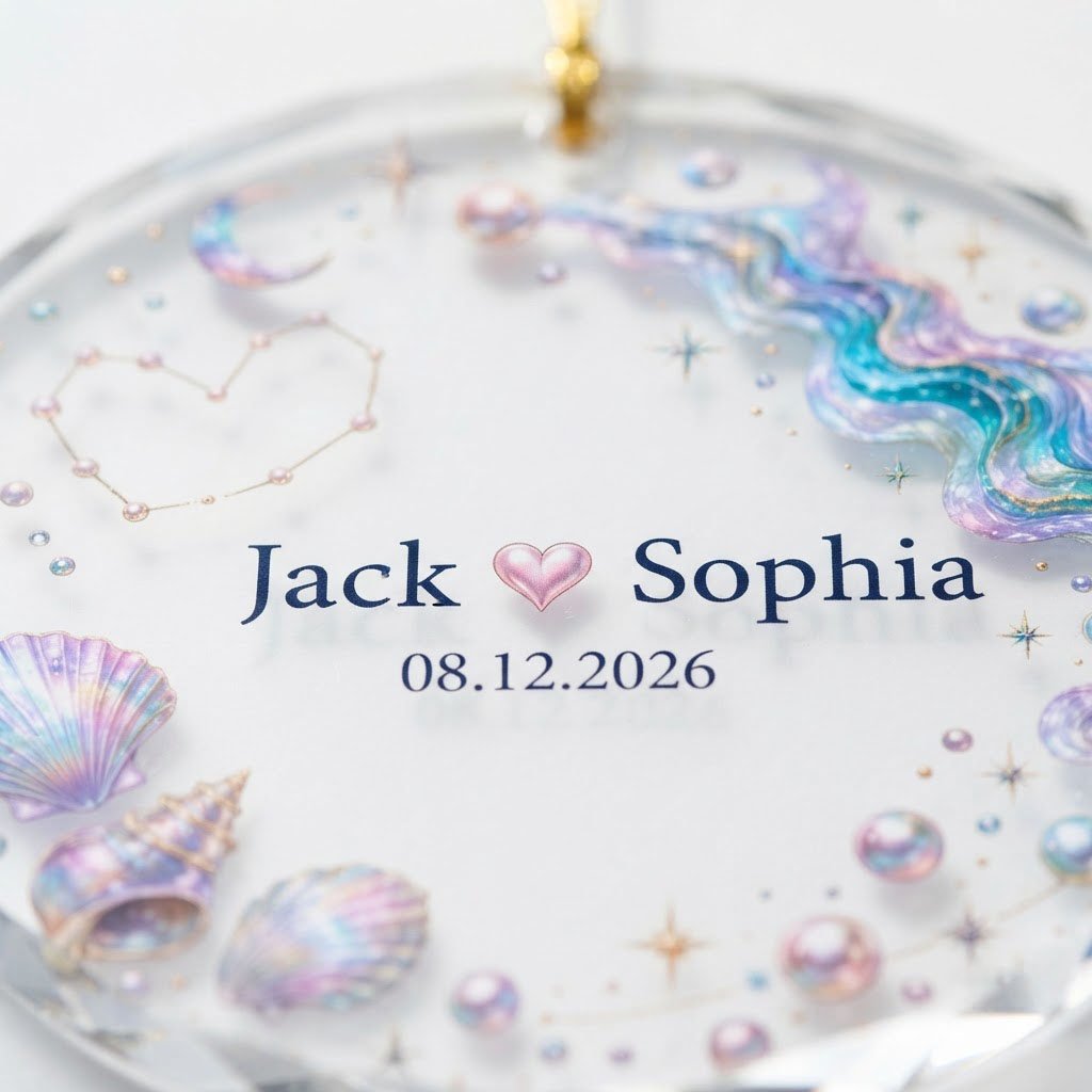 Round glass ornament with iridescent seashells, pearls, crescent moon, and a heart constellation with names and date.