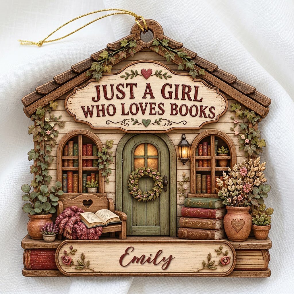 House-shaped wood ornament with 'JUST A GIRL WHO LOVES BOOKS', bookshelves, green door with wreath, and the name Emily.