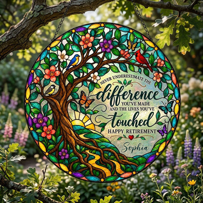 Personalized Retirement Tree of Life Songbirds Never Underestimate The Difference Happy Retirement Stained Glass Round Suncatcher