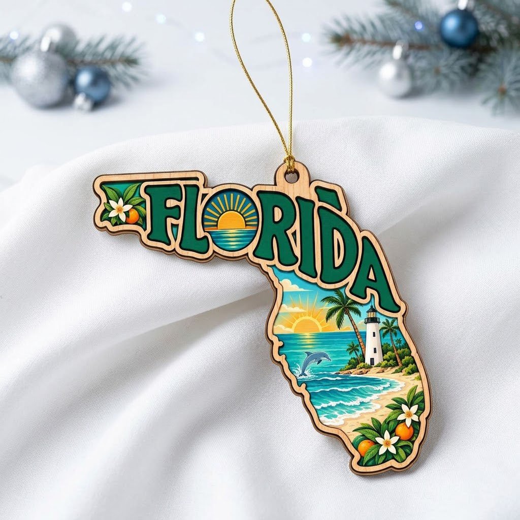 Florida state wood ornament with "FLORIDA", beach waves, dolphin, lighthouse, palm trees, and orange blossoms.