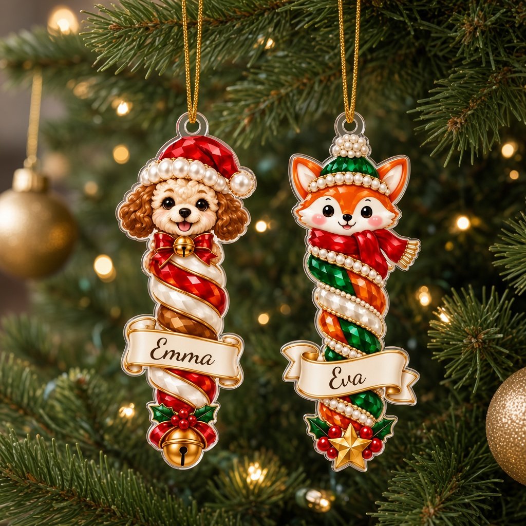 Acrylic ornament with cat, dog, owl, bunny or fox atop spiral columns and a cream-gold scroll banner for a name.