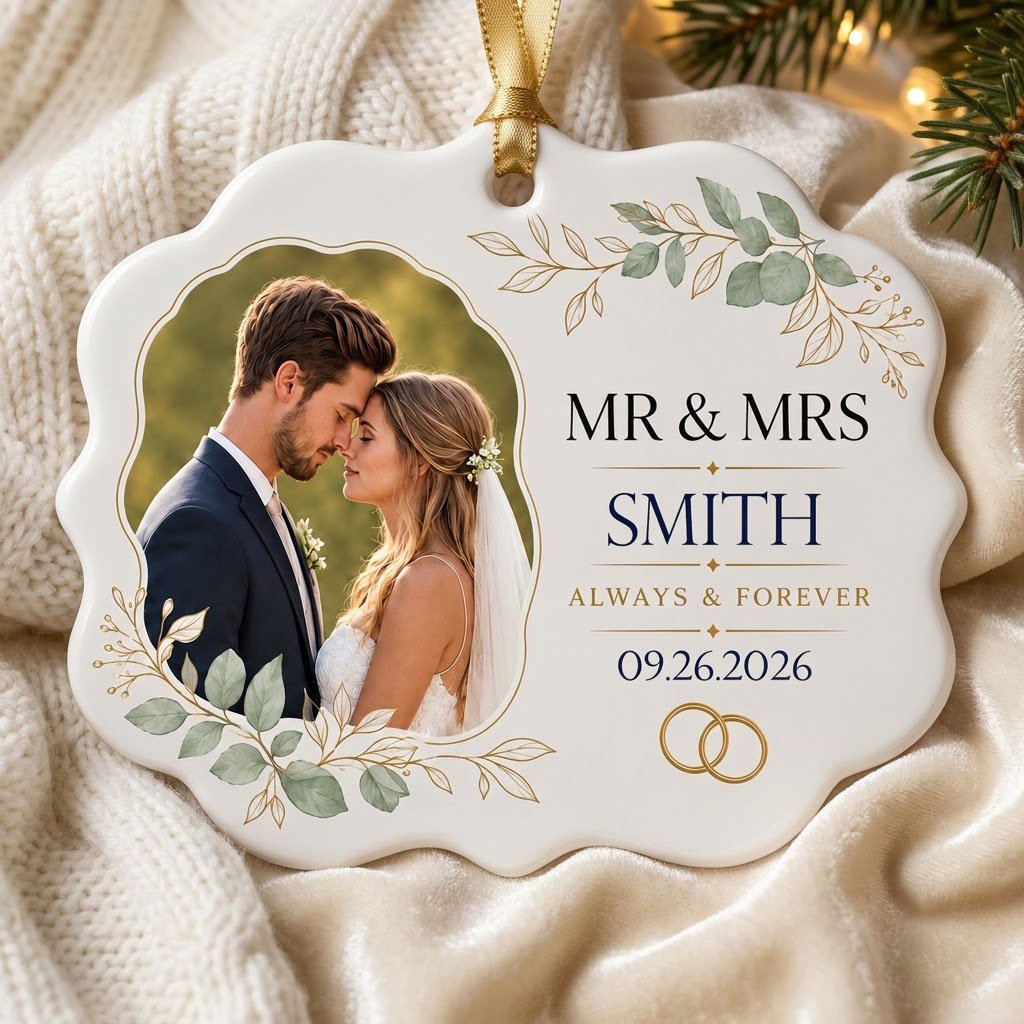 White scalloped ceramic medallion with MR & MRS, eucalyptus, gold rings, and a couple’s photo on the left.