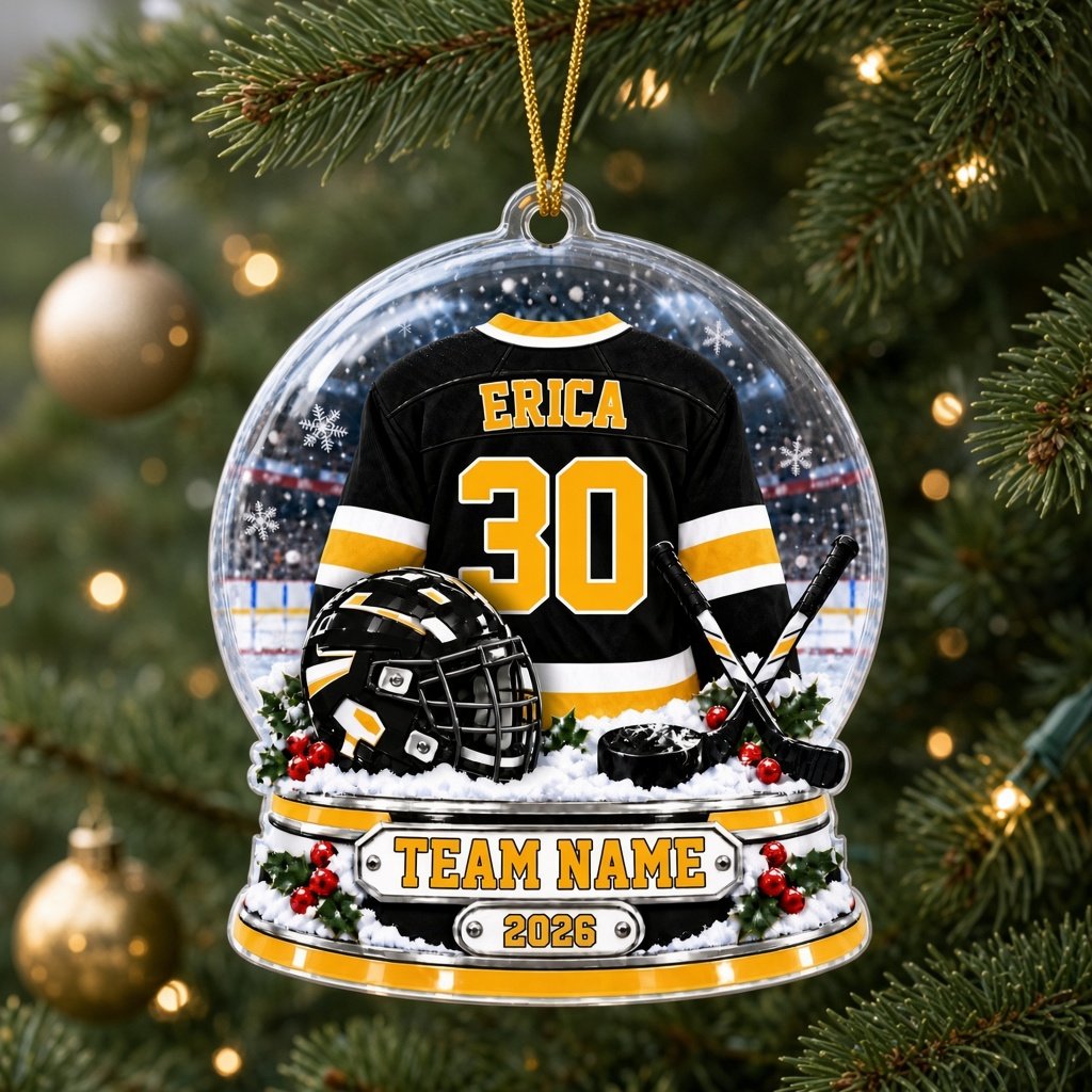Snow globe acrylic ornament with black and gold hockey jersey, crossed sticks, puck, holly and a year plaque.