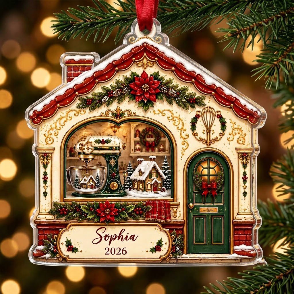 House-shaped acrylic ornament with baking scene, stand mixer, wreaths, and name and year on the bottom banner.