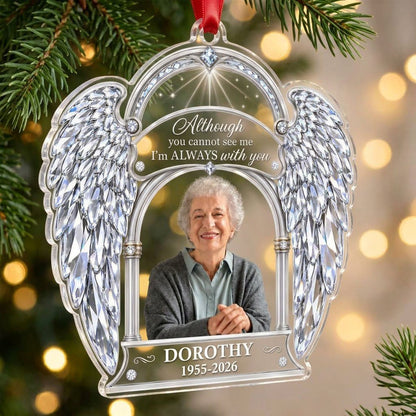 Acrylic memorial ornament with crystal angel wings, arched photo frame and wood-grain name and date banners.