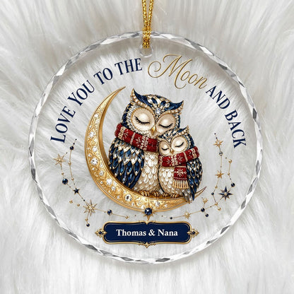 Two jeweled owls on a gold crescent moon with Love You to the Moon and Back text and names on a blue plaque.